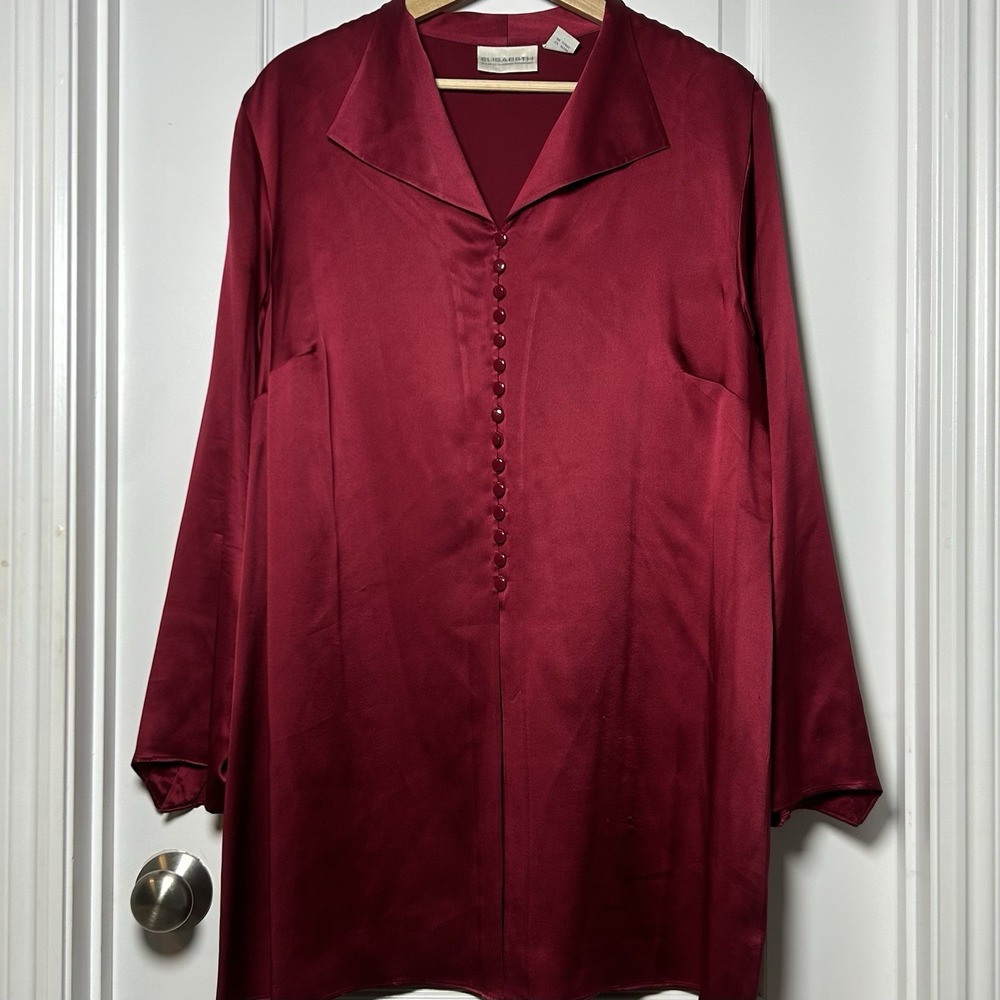 Elisabeth Liz Claiborne Vintage 100% Silk Burgundy Wine Camp Collar Tunic Blouse